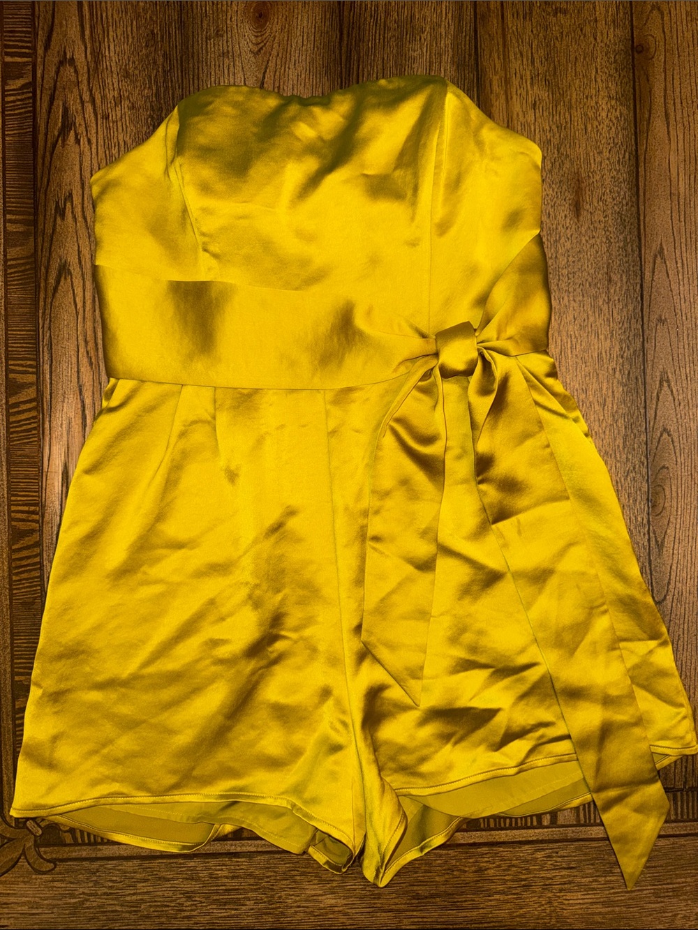 Express Strapless Chartreuse Satin Tie-Waist Romper with Pockets